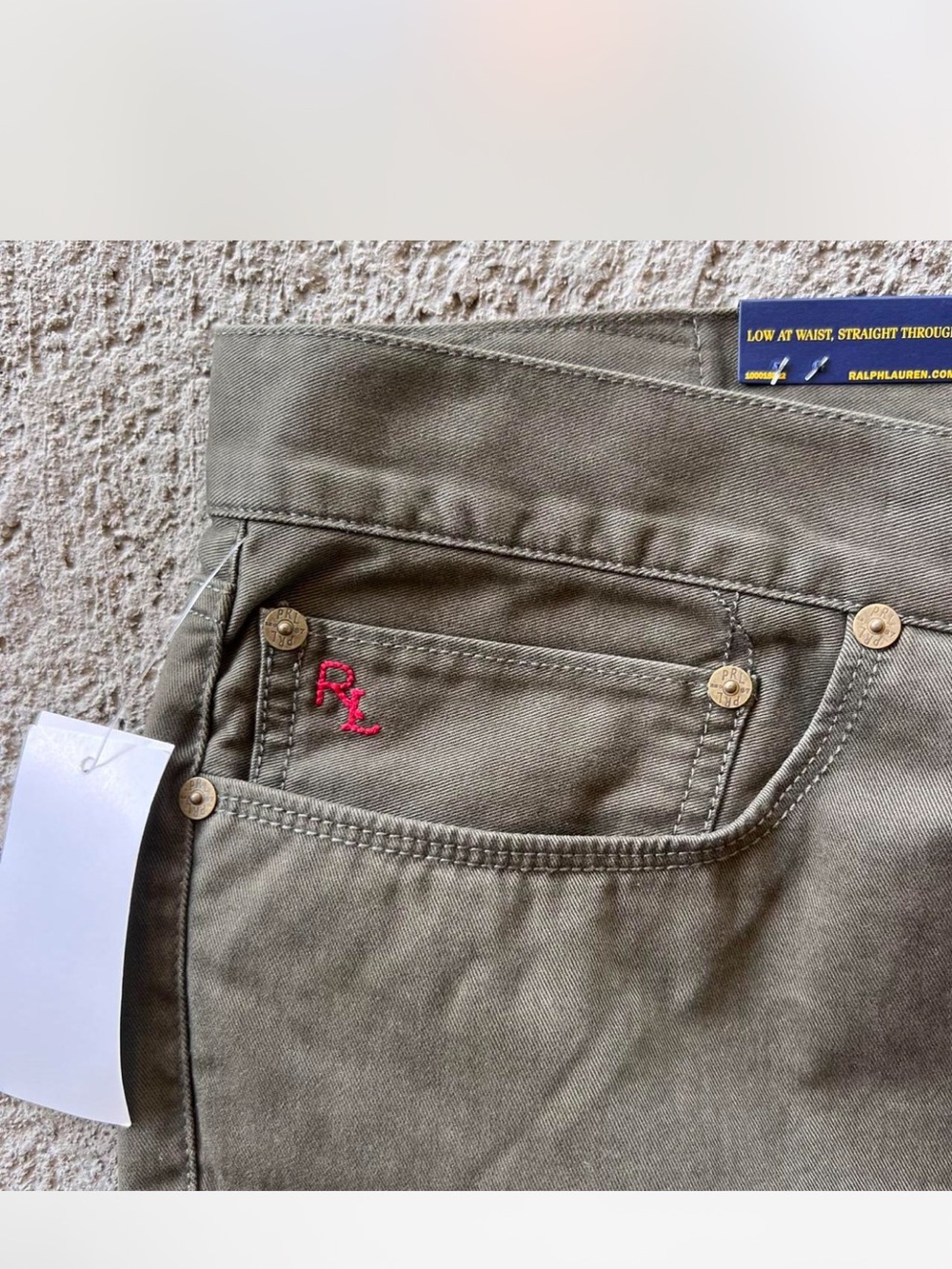 Ralph Lauren Olive Green Jeans with Red RL Embroidery